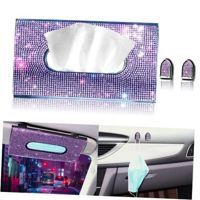 Car Visor Tissue Holder, Sparkling PU Leather Mask Box, Bling Crystals Purple
