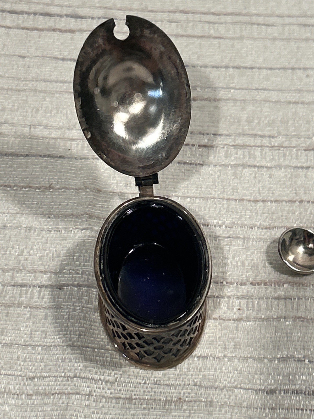 English Mustard Container W/Silver Plated Spoon~Lined With Cobalt Blue Glass