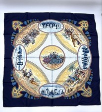 Hermes Carre90 CAVALIERS PEULS Pool Tribe Jockey Navy Scarf 100 Silk