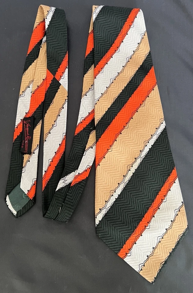 Corbata de seda ancha vintage años 70 a rayas naranja negro blanco tostado feo funky discoteca Foto 2 de 4
