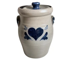 Rowe Pottery Salt Glaze handled canister & lid Blue Heart stamp signed 1993 11" 