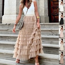 Women Boho Layered Tulle Maxi Skirt High Waist Ruffle Long Skirt S-XXL
