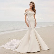 Lace Embroidery Boat Neck Mermaid Wedding Dress Off Shoudler Sweep Train Botton