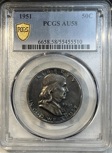 1951 Franklin Half Dollar PCGS Certified AU58 Blue Toning On Both Sides Rare