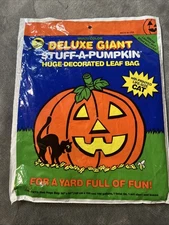 Vintage Sun Hill Halloween Deluxe Giant Stuff-A-Pumpkin Leaf Bag w/ Printed Cat