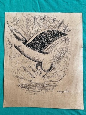 René Magritte drawing and painting on old paper signed stamped vintage