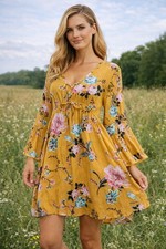 Annabelle Babydoll Dress Mustard Floral Boho Cottagecore Prairie Festival