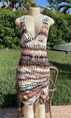 ROCHAS MULTI COLOR SIGNED PRINT STRETCH SLEEVELESS GATHER DETAIL DRESS Sz 40 M