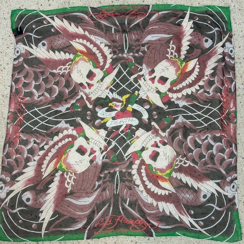 Ed Hardy Christian Audigier Square Silk Scarf Skulls "Till Tru Death" Women's