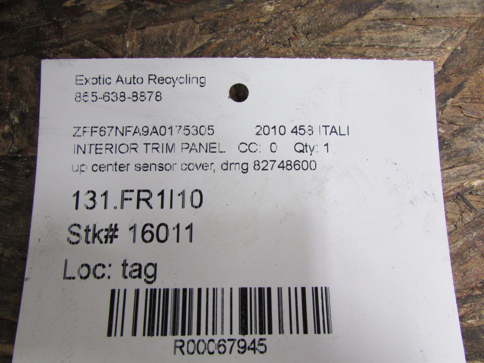 Ferrari 458 Italia, Spider, Upper Center Sensor Cover Trim Panel, Used 82748600