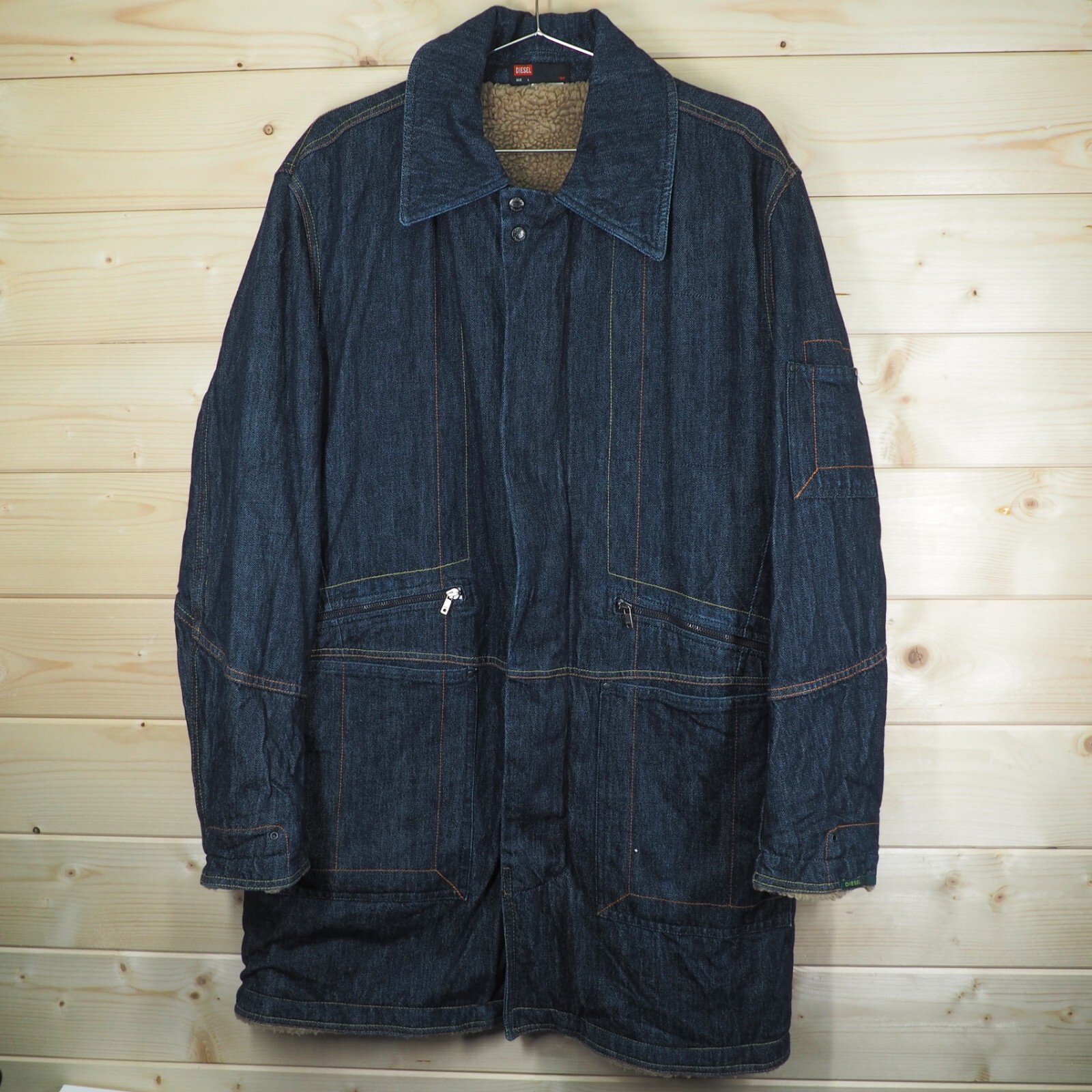 Diesel Vintage Mens Large Sherpa Fleece Long Denim Jacket Trench Coat Y2K 00s