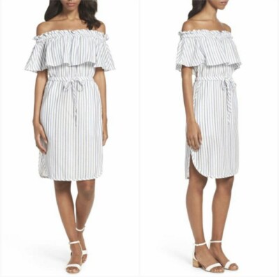 BCBGMAXAZRIA Dress Womens XS Alexis White Blue Stripe Off The Shoulder  Ruffle