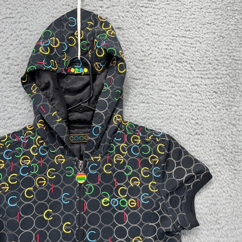 Vintage COOGI Hoodie Womens Small Black Rainbow Logo AOP Short Sleeve Full Zip