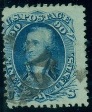 US #72, 90¢ blue, hi val in set, used, off-center but scarce stamp, Scott $625.