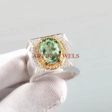 Natural Green Amethyst Gemstone with 925 Sterling Silver Ring for Men's #5251