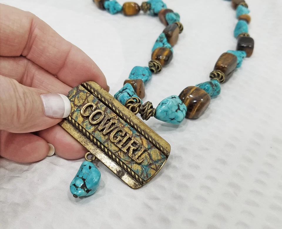 Grueso SW Latón Howlita y Ojo de Tigre Pepita con Latón Vaquera Colgante Collar Foto 3 de 4