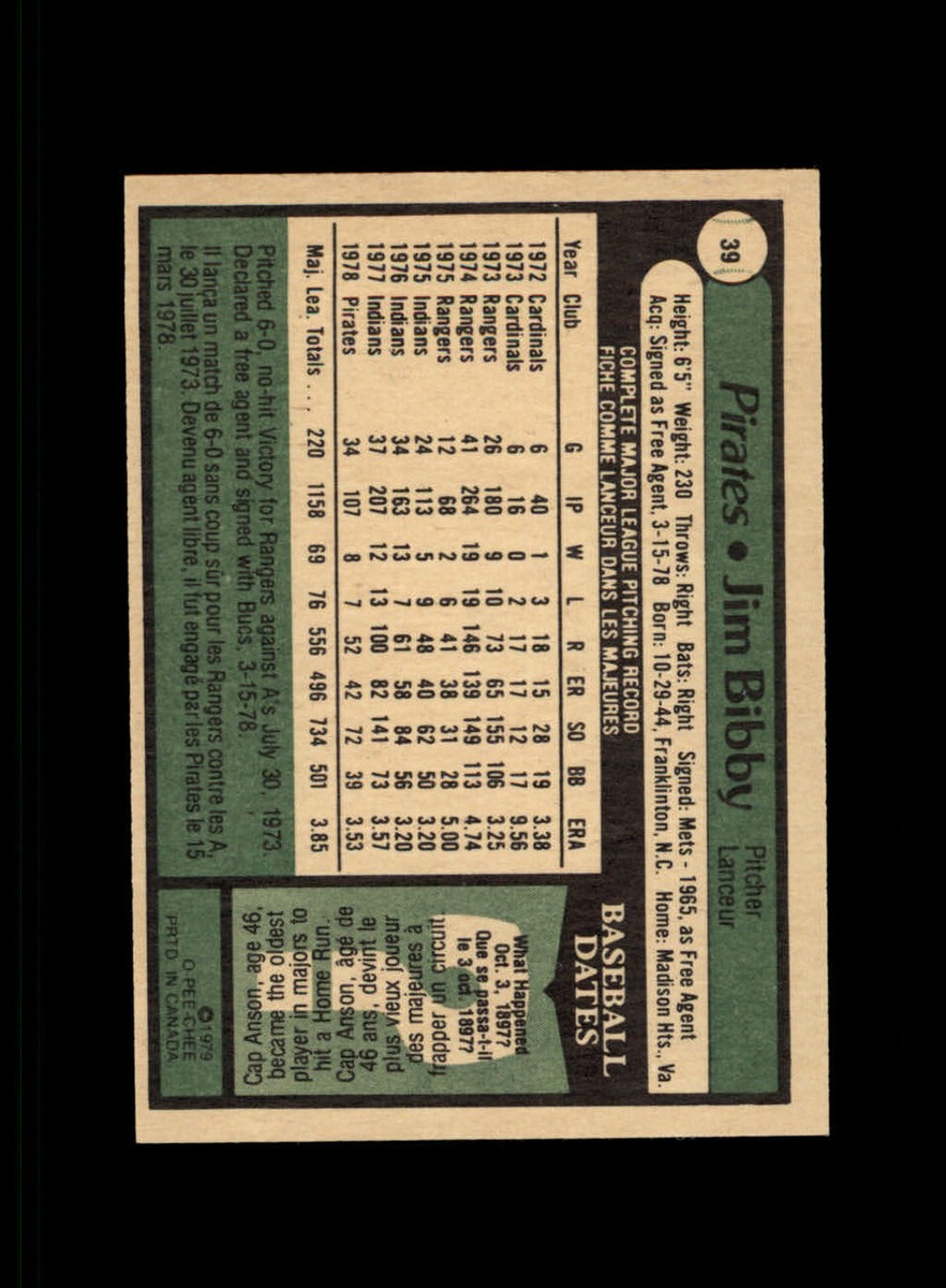 1979 JIM BIBBY O-PEE-CHEE #39 PIRATES *G0956 | eBay