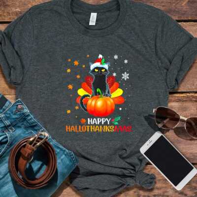 Black Cat Halloween And Merry Christmas Happy Hallothanksmas T Shirt