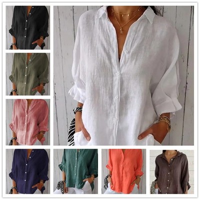 Bluse Damen Tunika Longbluse Fischerhemd Leinen-Optik Oberteile Sommer Tops SML