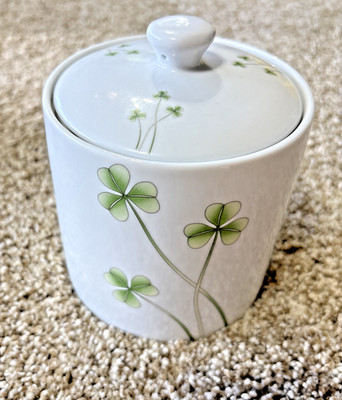 Marcus Notley Canister and Lid White with Shamrocks  6'' Tall 4  Diameter