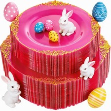 102PCS Clear Hot Pink Plastic Plates - Pink Disposable Plate with Gold Rim - ...