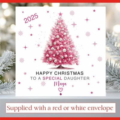 CHRISSIECREATESCARDS Personalised Pink Christmas Tree Christmas Card Granddaughter Daughter Niece