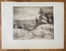 Antique/Vintage Handcrafted Card Original Etching by A. H. Wello Landscape