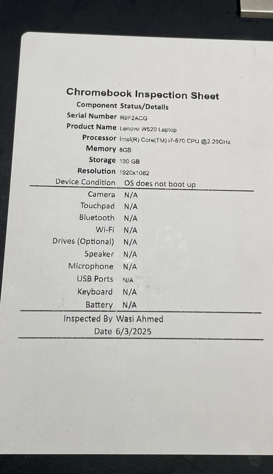 Portátil de almacenamiento Lenovo W520 ThinkPad Intel Core i7 8 GB RAM 130 GB para piezas Foto 4 de 4