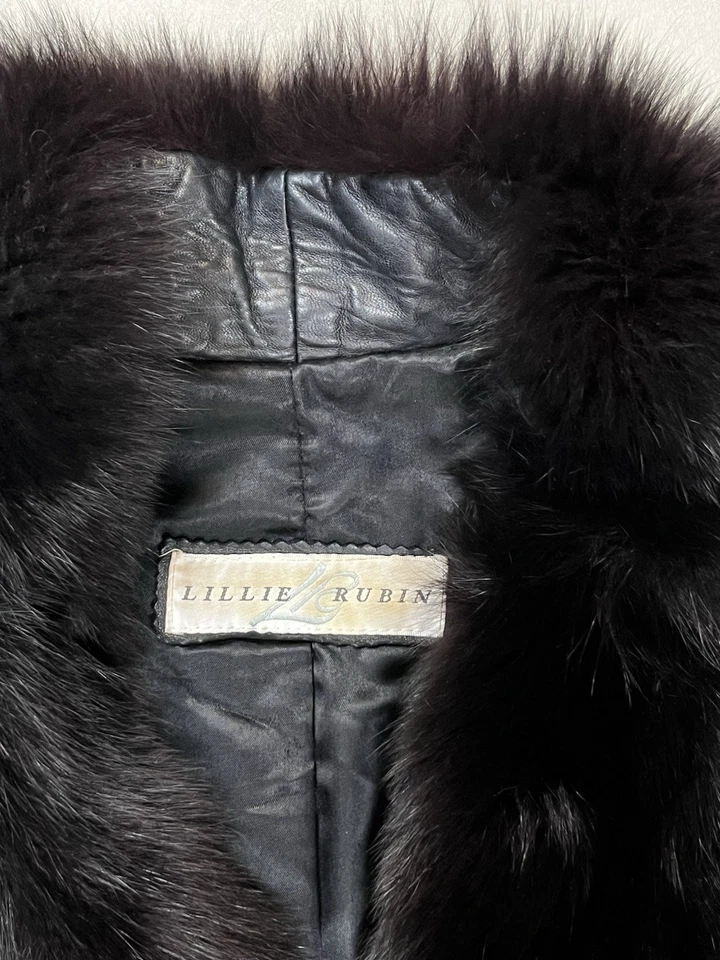 Vintage Lillie Rubin Black Leather Jacket Sz Large Fur Collar Cuffs Embroidered - Image 3 of 4
