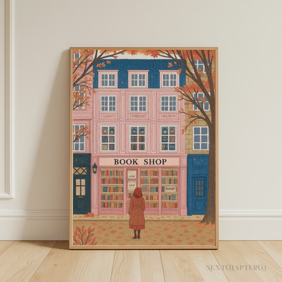 Herbst Buchhandlung Kunstdruck - Gemütliche Herbst Illustration, Pastell Buchhandlung Wanddeko