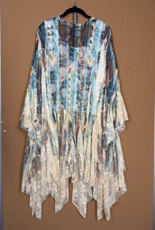 Cárdigan plumero kimono Plus campesino vintage turquesa festival bordado encaje Foto 2 de 4