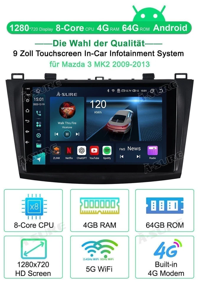 4G+64G Android 14 Autoradio GPS NAVI 4G CarPlay SWC USB Für Mazda 3 2009-2013 BL - Bild 2 von 4