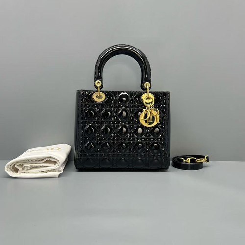 Dior Lady Dior Medium Hand Crossbody Bag Black Patent Leather Gold Auth