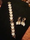 VINTAGE SET BRACELET EARRINGS  TRIFARI MILK GLASS DOGWOOD 1960S