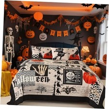 EVENHUG Halloween Quilt Set King Size Bedspread with King 104"X90" Black Grey