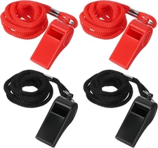 4 Packs Whistle for Coaches, with Lanyard, Plastic Sports Black & Red 