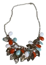 GV9 Gold Tone Colorful Leaves Bead & Rhinestone Necklace 16"