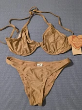Body Glove Shimmer Gold Bikini Set Size M WITH D Cup Halter Top & Hipster Bottom