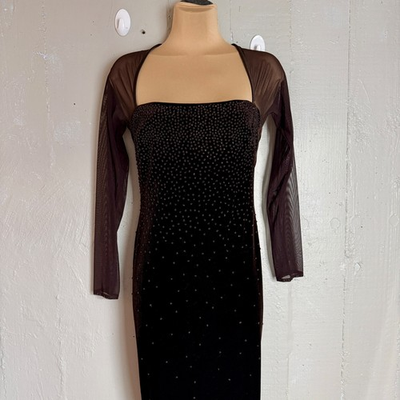 #ad Tadashi Shoji Brown Velvet Beaded Mesh Long Sleeve Gown Rhinestones Dress Size 8 $72.63