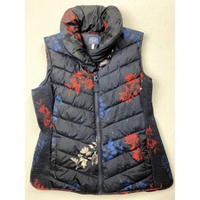 Joules Women 10 Blue Floral Quilted Puffer Vest Gilet High Stand Collar Full Zip