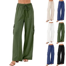 Women's New Cotton Linen Wide Leg High Waist Multi Pocket Cargo Casual Pants