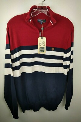 Sir Raymond Tailor Jersey Shirt Men's L Navy Bordeaux Striped GOLF 1/4 Zip L/S
