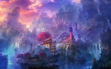 Landscape fantasy art building architecture asian Custom Gaming Mat Desk