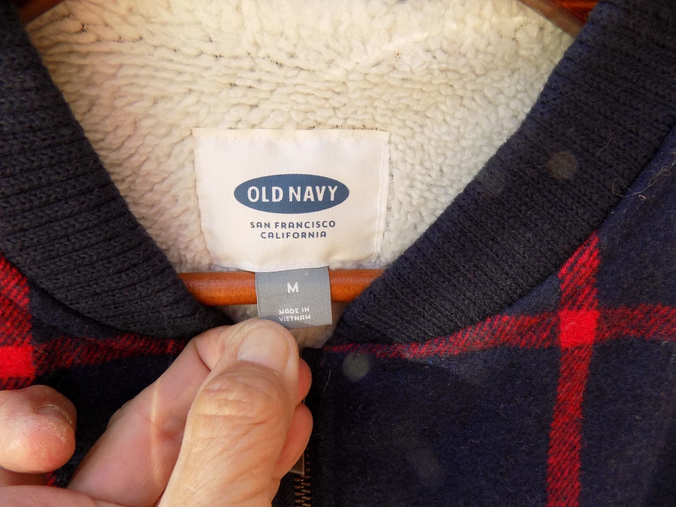 Chaqueta Universitaria Gap De Colección Bombardero Lana a Cuadros Azul Marino Rojo Cremallera Forro Sherpa M Foto 3 de 4