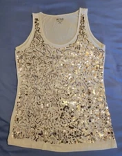 A.N.A. New Approach Tank Top Shirt Blouse Size P/M White w/Gold Sequins Rayon