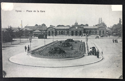Postcard Ypres Belgium-place de la Gare-station square with people-field post 1917