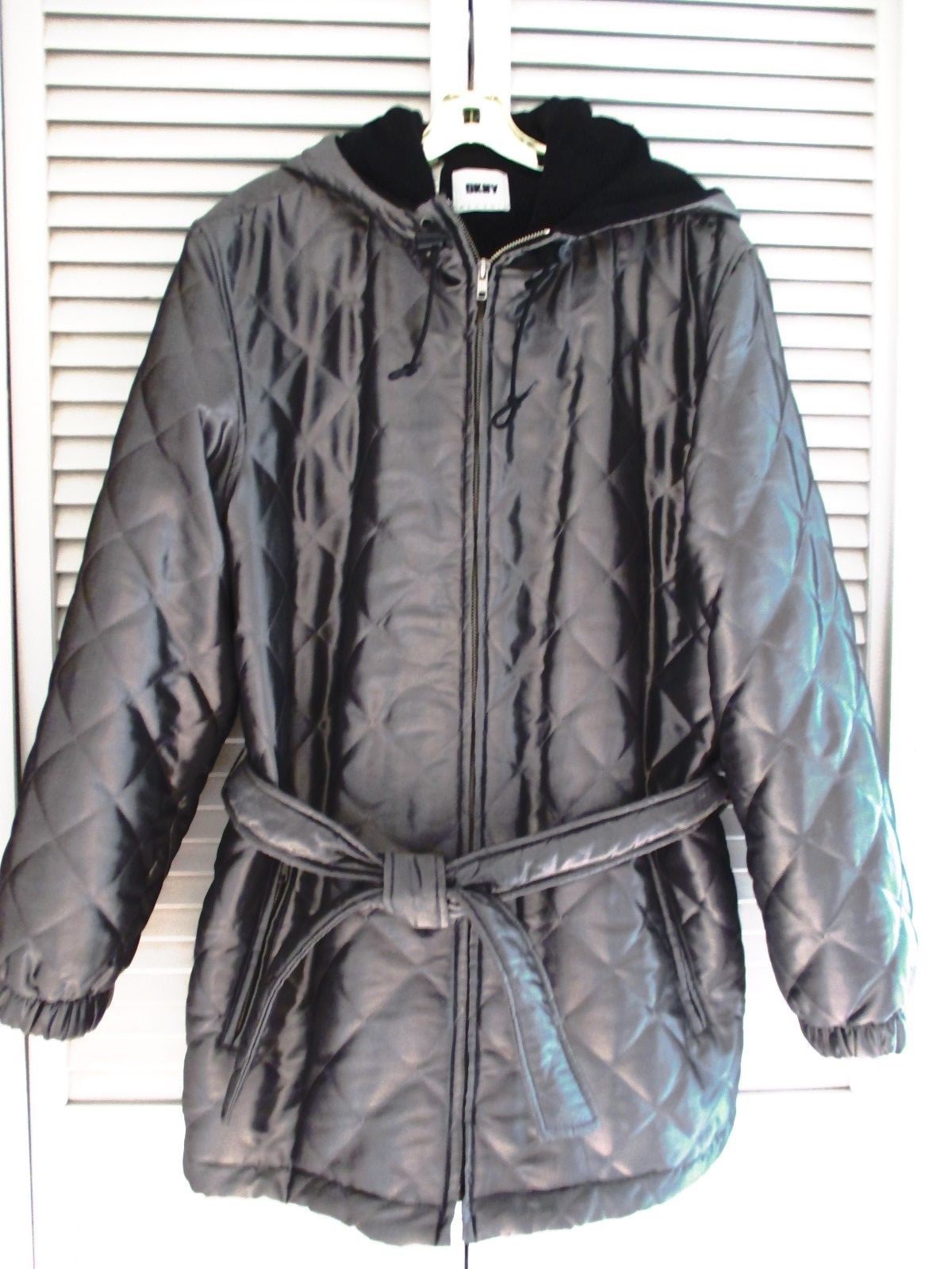 DKNY CLASSIC PUFFER JACKET HOODED WOMENS GREY SILKY S… Gem