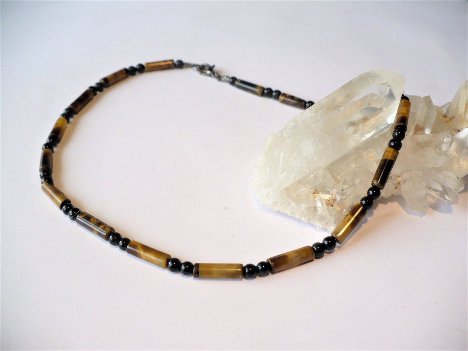 Collier œil de tigre contre le stress et obsidienne protectrice 40 cm
