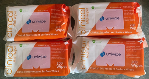 4x 200 Uniwipe Clinical Disinfectant Surface Midi Wipes BB OCT 22