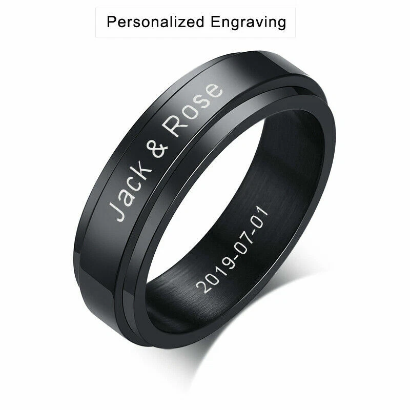Black Personalized Name Date Initial Men Wedding Ring Spinning